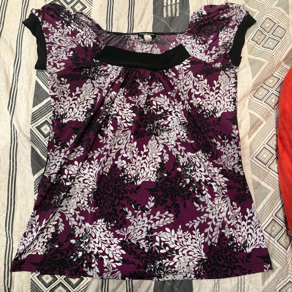 Perceptions Purple and Black Leaf Print Blouse